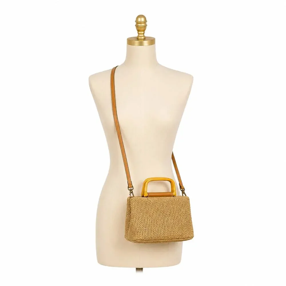 Vintage Fossil Woven Straw Bamboo Handle Top Handle Crossbody Bag